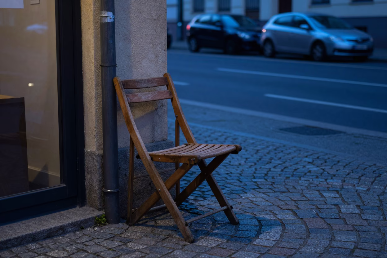 Evening street scene in Berlin Germany with folding chair and urban life in in Berlin, Germany