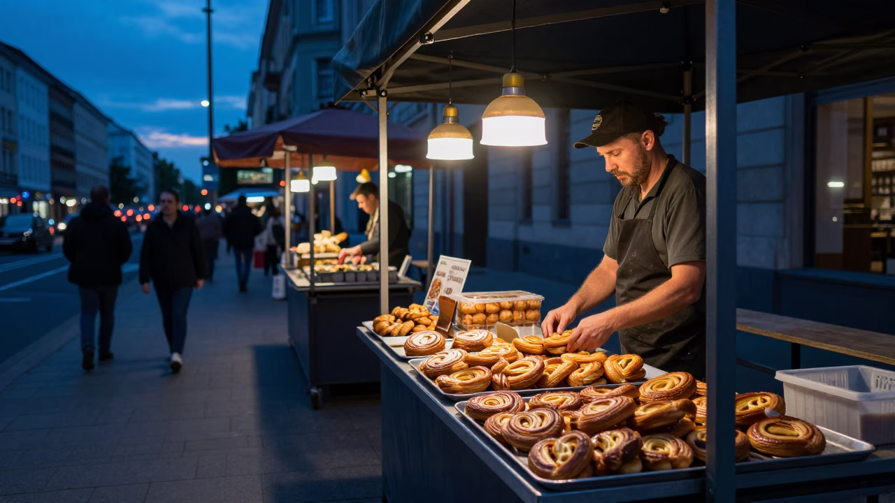 Evening Street Scene in Berlin Germany with Local Food and Urban Details in in Berlin, Germany