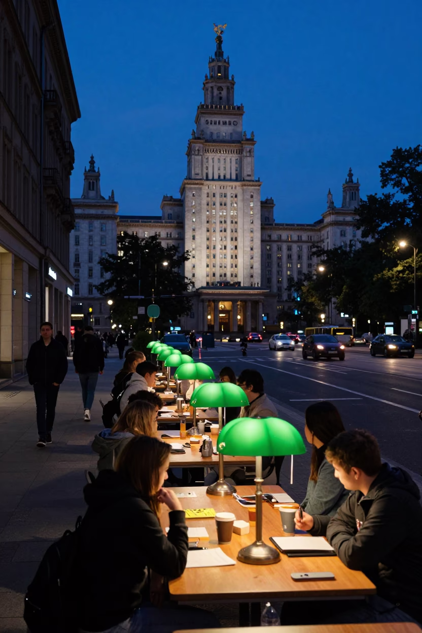 Evening Street Scene in Berlin Germany with University Students at Green Banker Lamps in in Berlin, Germany