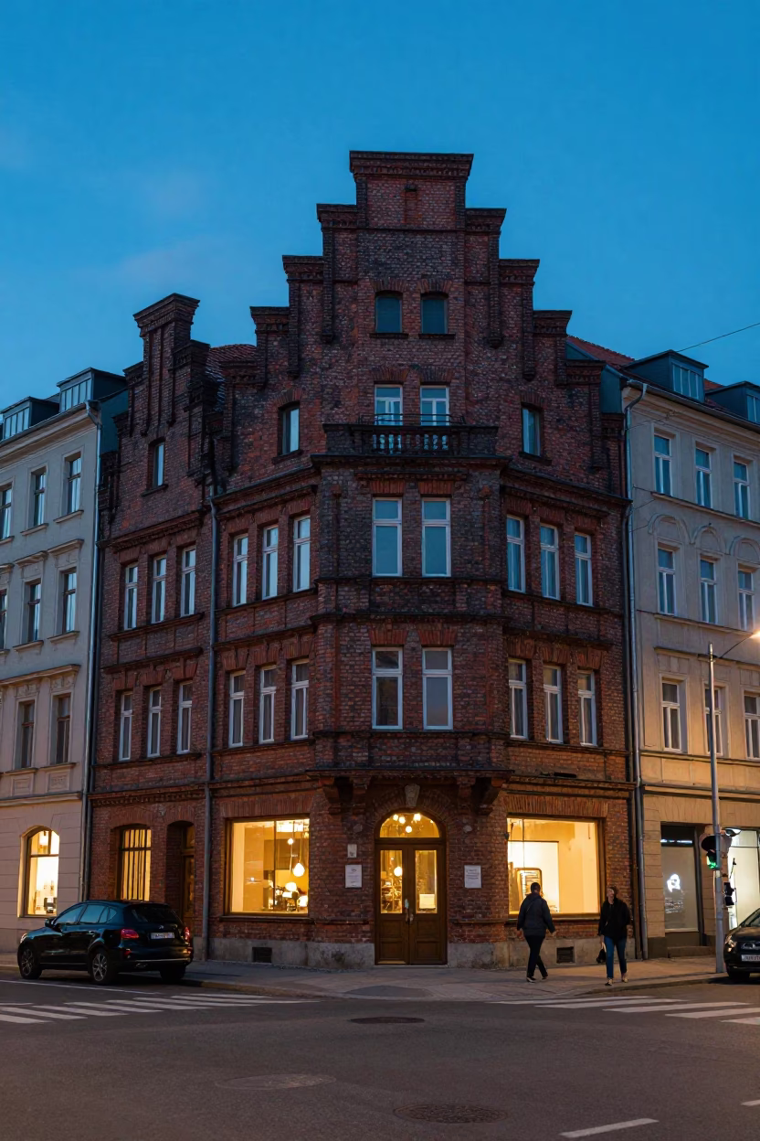 Evening Street Scene in Berlin Germany with Vintage 1950s Architecture and Pedestrians in in Berlin, Germany