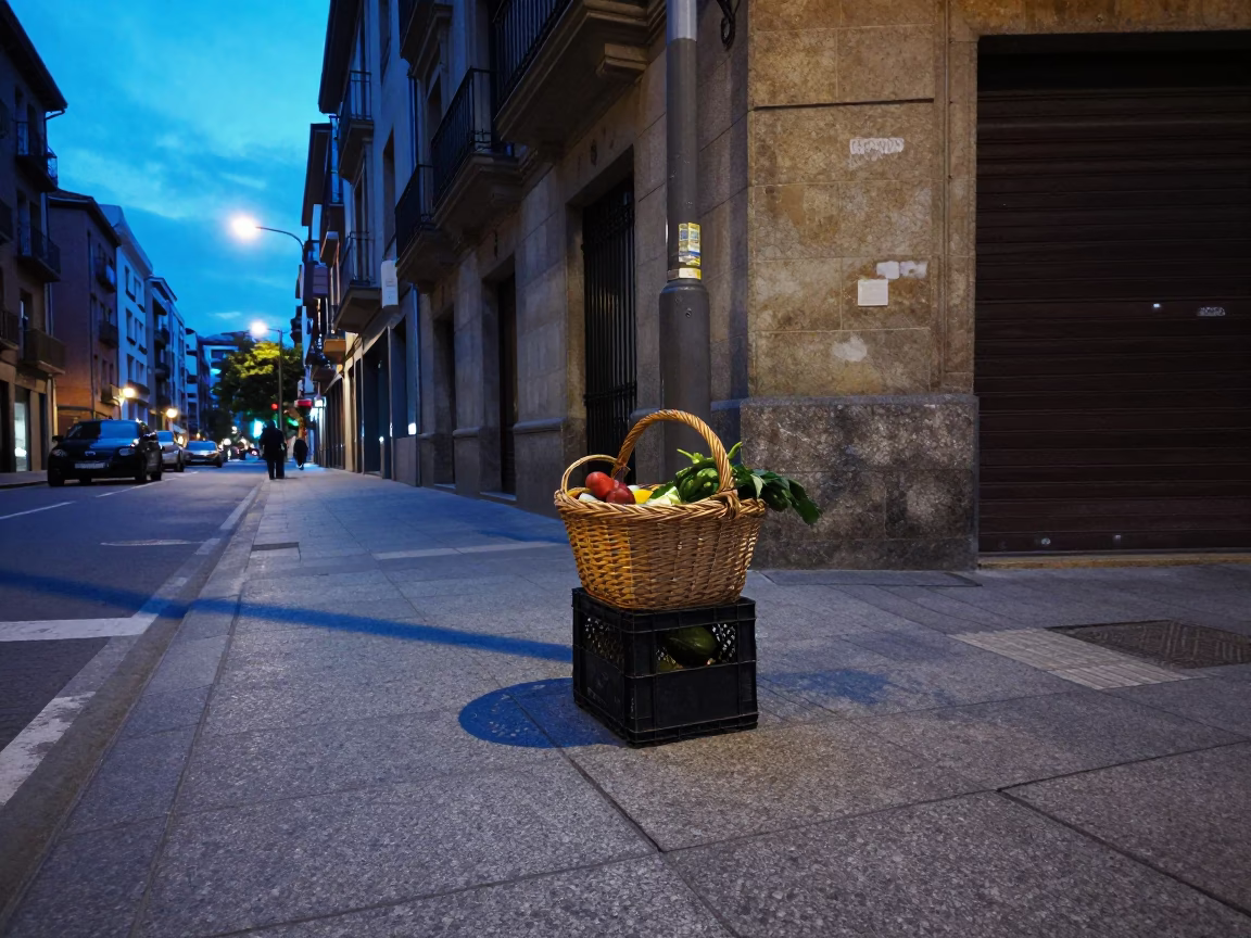 Evening street scene in Bilbao Spain with basket and wicker shadow in in Bilbao, Spain