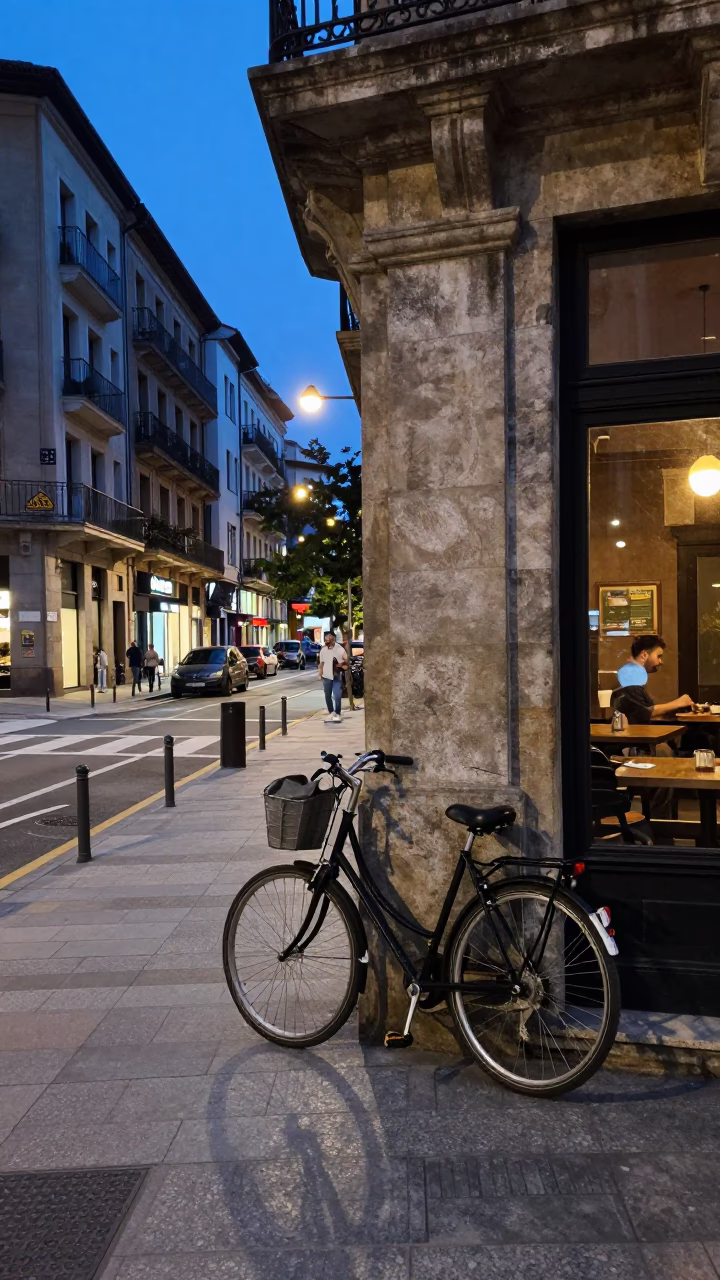 Evening Street Scene in Bilbao Spain with Bicycle and Urban Architecture in in Bilbao, Spain