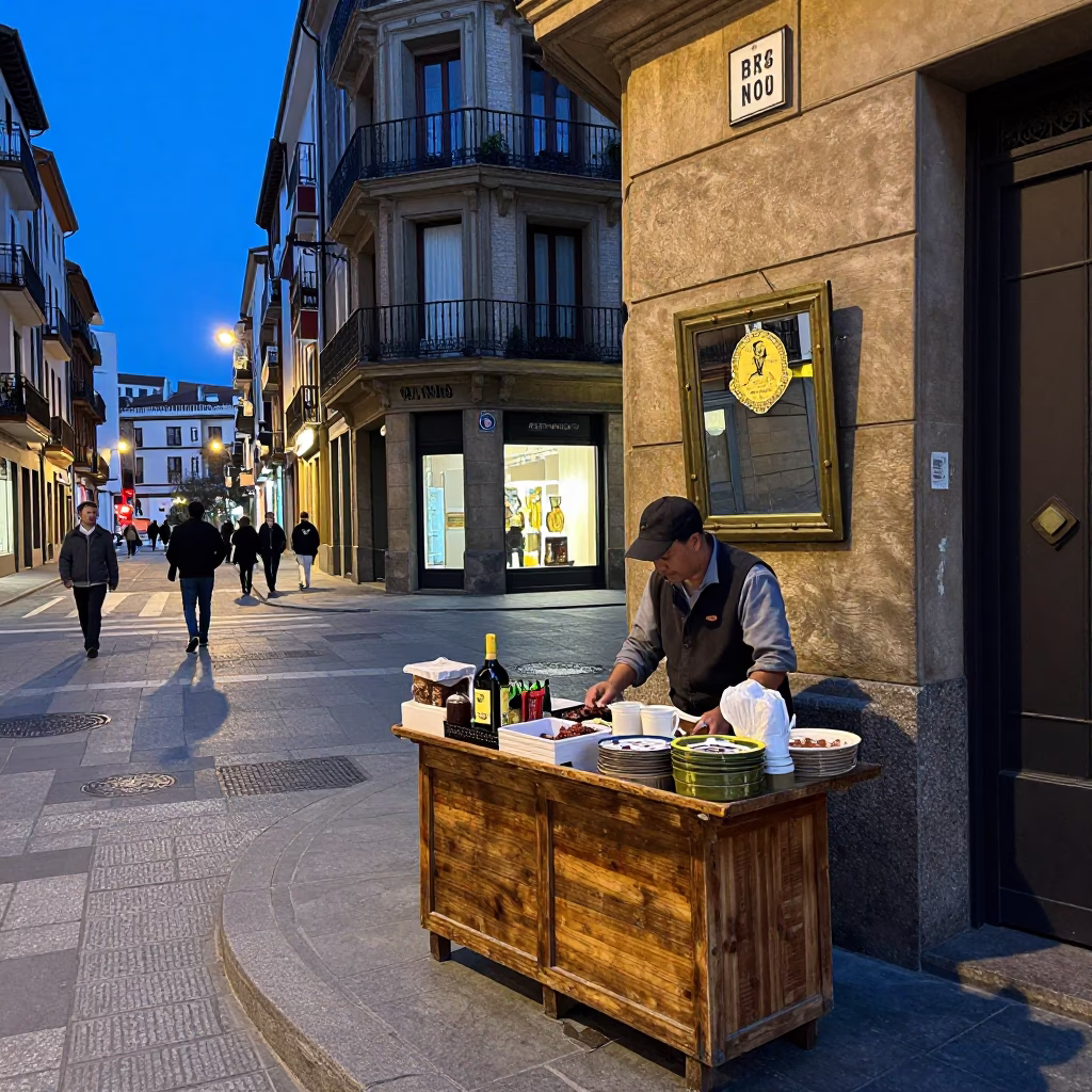 Evening Street Scene in Bilbao Spain with Brass Mirror and Wooden Tray in in Bilbao, Spain