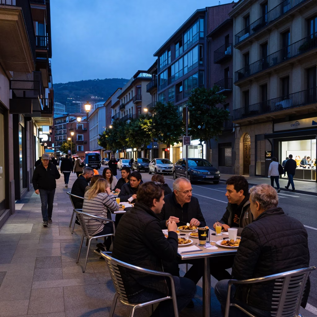 Evening Street Scene in Bilbao Spain with Casual Dining and Urban Architecture in in Bilbao, Spain