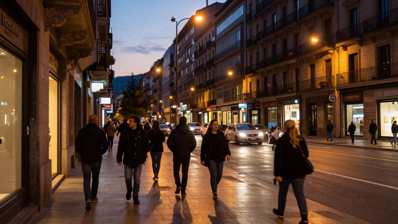 Evening street scene in Bilbao Spain with city lights and busy sidewalk in in Bilbao, Spain