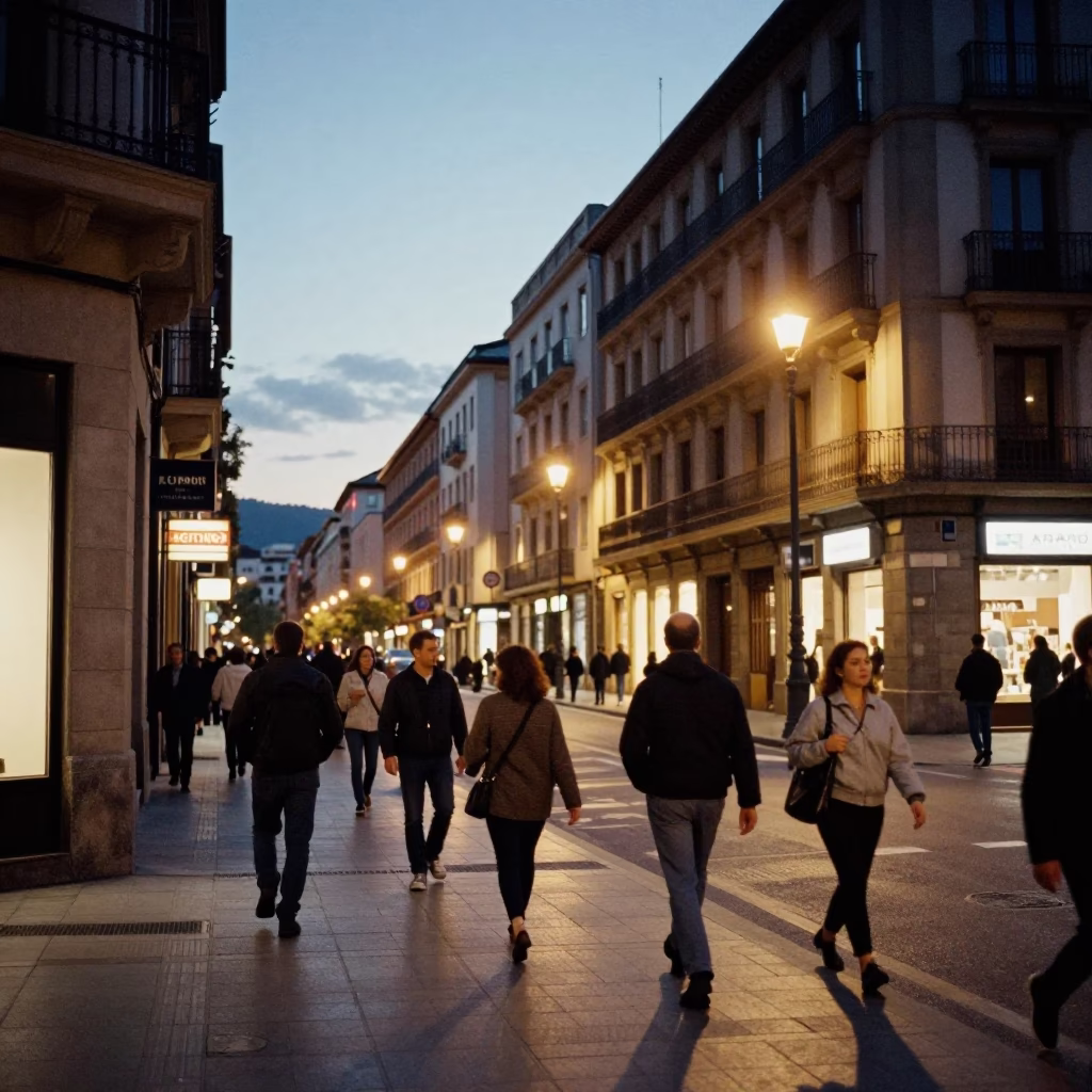 Evening Street Scene in Bilbao Spain with City Lights and Local Life in in Bilbao, Spain
