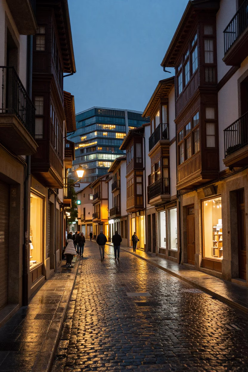 Evening Street Scene in Bilbao Spain with City Lights Glowing and Local Urban Details in in Bilbao, Spain