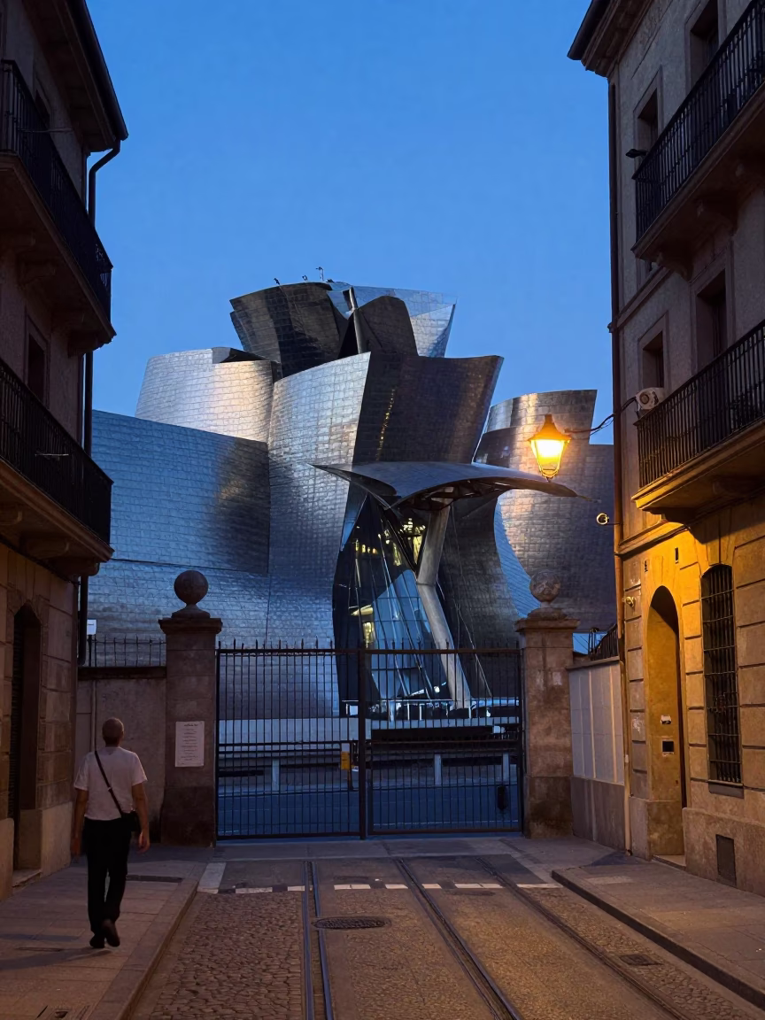 Evening street scene in Bilbao Spain with cog railway and gate handle in in Bilbao, Spain