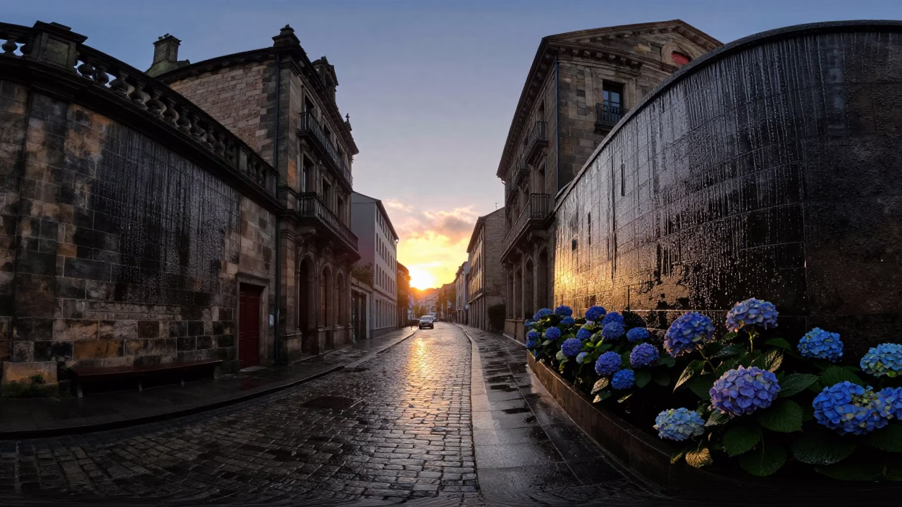 Evening Street Scene in Bilbao Spain with Condensation and Hydrangeas in in Bilbao, Spain