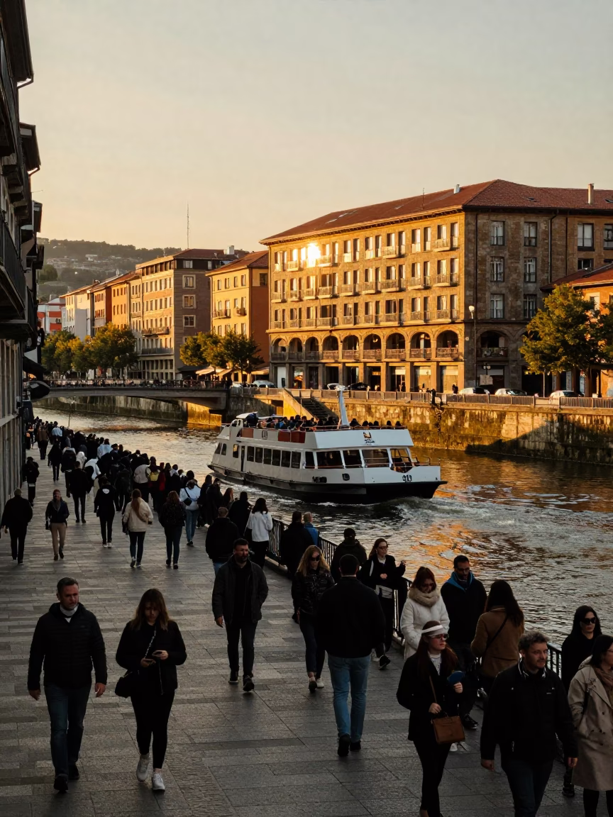 Evening Street Scene in Bilbao Spain with Crowded River Ferry Crossing in in Bilbao, Spain