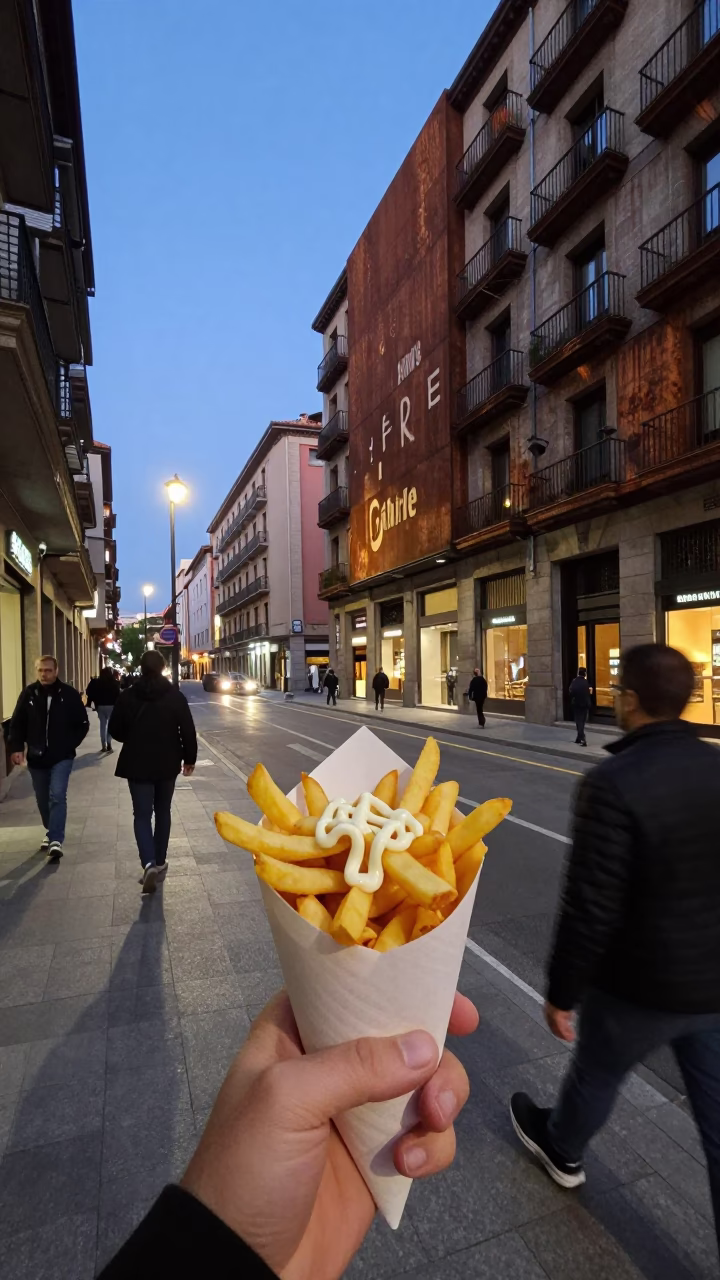 Evening Street Scene in Bilbao Spain with Fries and Rusty Urban Details in in Bilbao, Spain