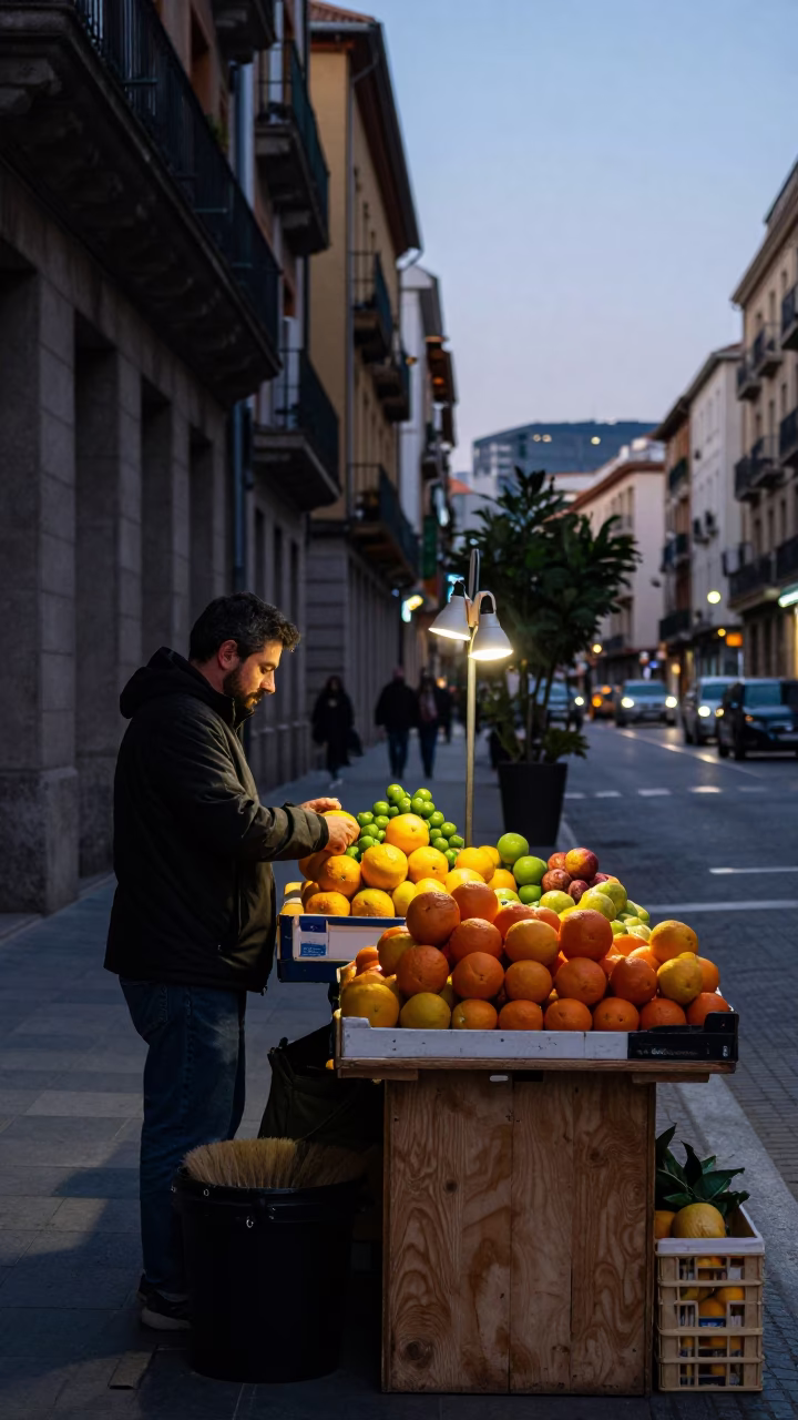Evening Street Scene in Bilbao Spain with Fruit Stall and Brushed Steel Details in in Bilbao, Spain