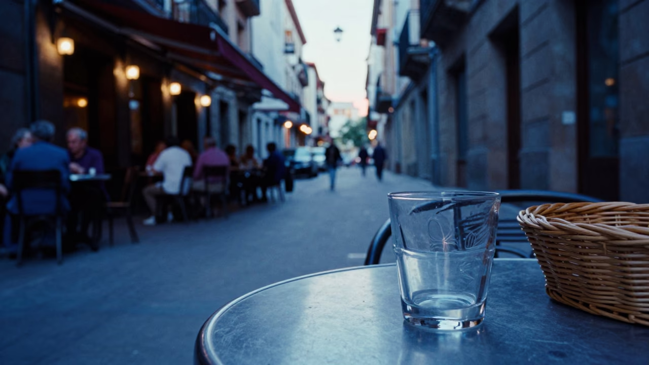 Evening Street Scene in Bilbao Spain with Glass Tumbler and Wicker Shadow in in Bilbao, Spain