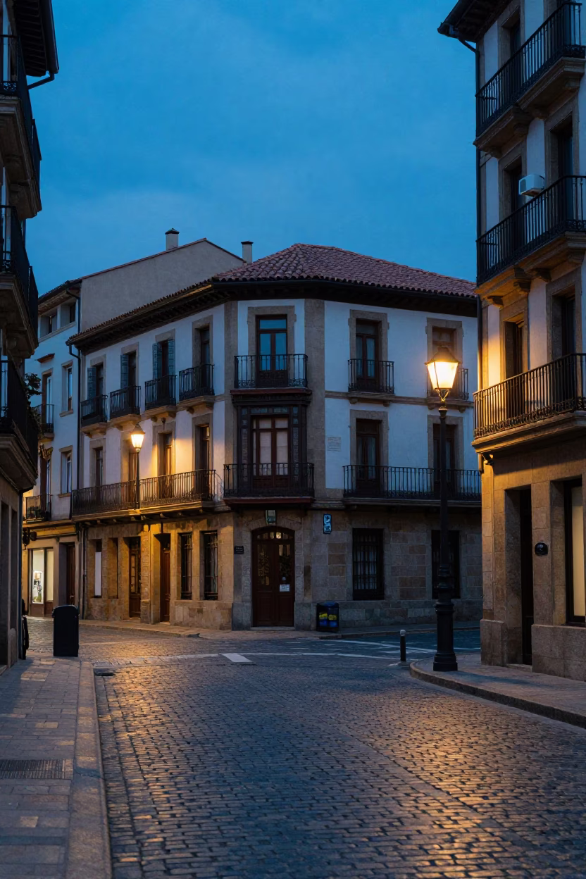 Evening street scene in Bilbao Spain with historic architecture and local dining in in Bilbao, Spain