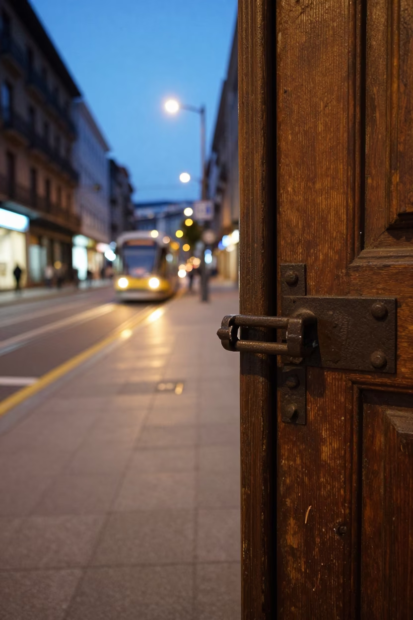 Evening street scene in Bilbao Spain with iron deadbolt and tram tracks in in Bilbao, Spain