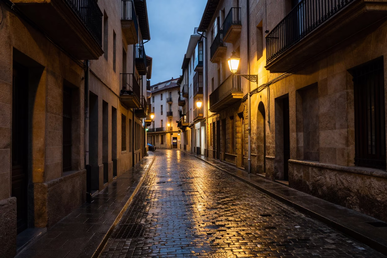 Evening Street Scene in Bilbao Spain With Lantern Alley Lights and Classic Bus in in Bilbao, Spain