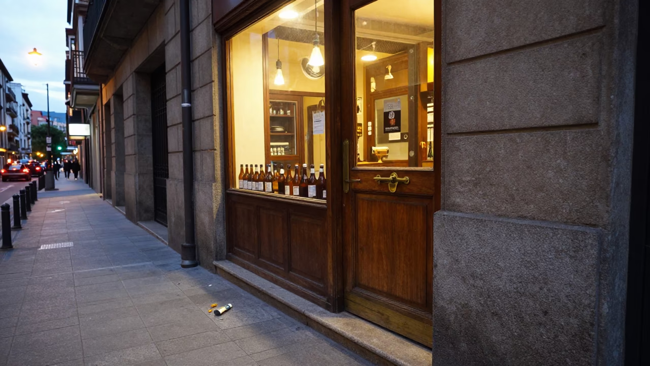 Evening Street Scene in Bilbao Spain with Latch and Bottle in in Bilbao, Spain