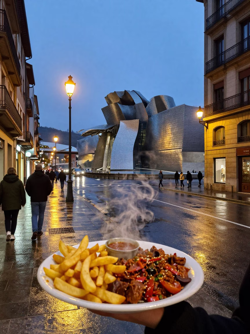 Evening Street Scene in Bilbao Spain with Lomo Saltado and Local Architecture in in Bilbao, Spain