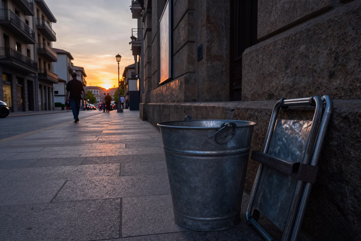 Evening Street Scene in Bilbao Spain with Metal Bucket and Folding Fan in in Bilbao, Spain