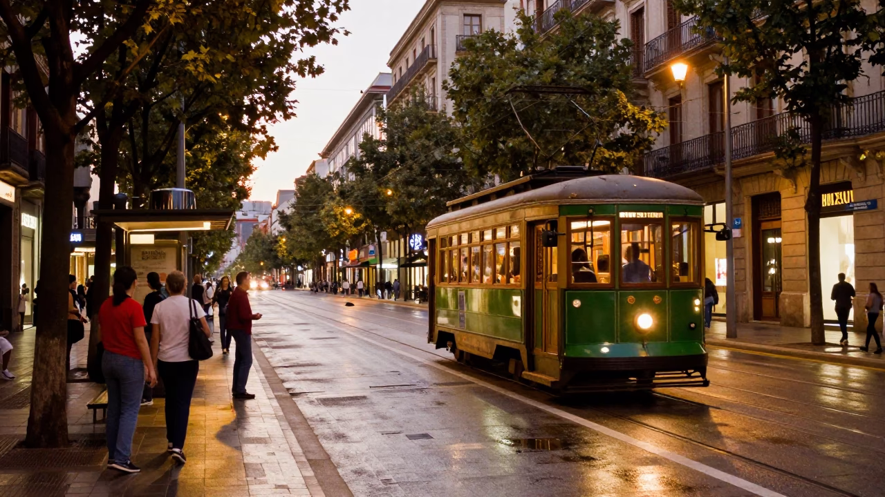 Evening Street Scene in Bilbao Spain with Old Trolley and Urban Details in in Bilbao, Spain