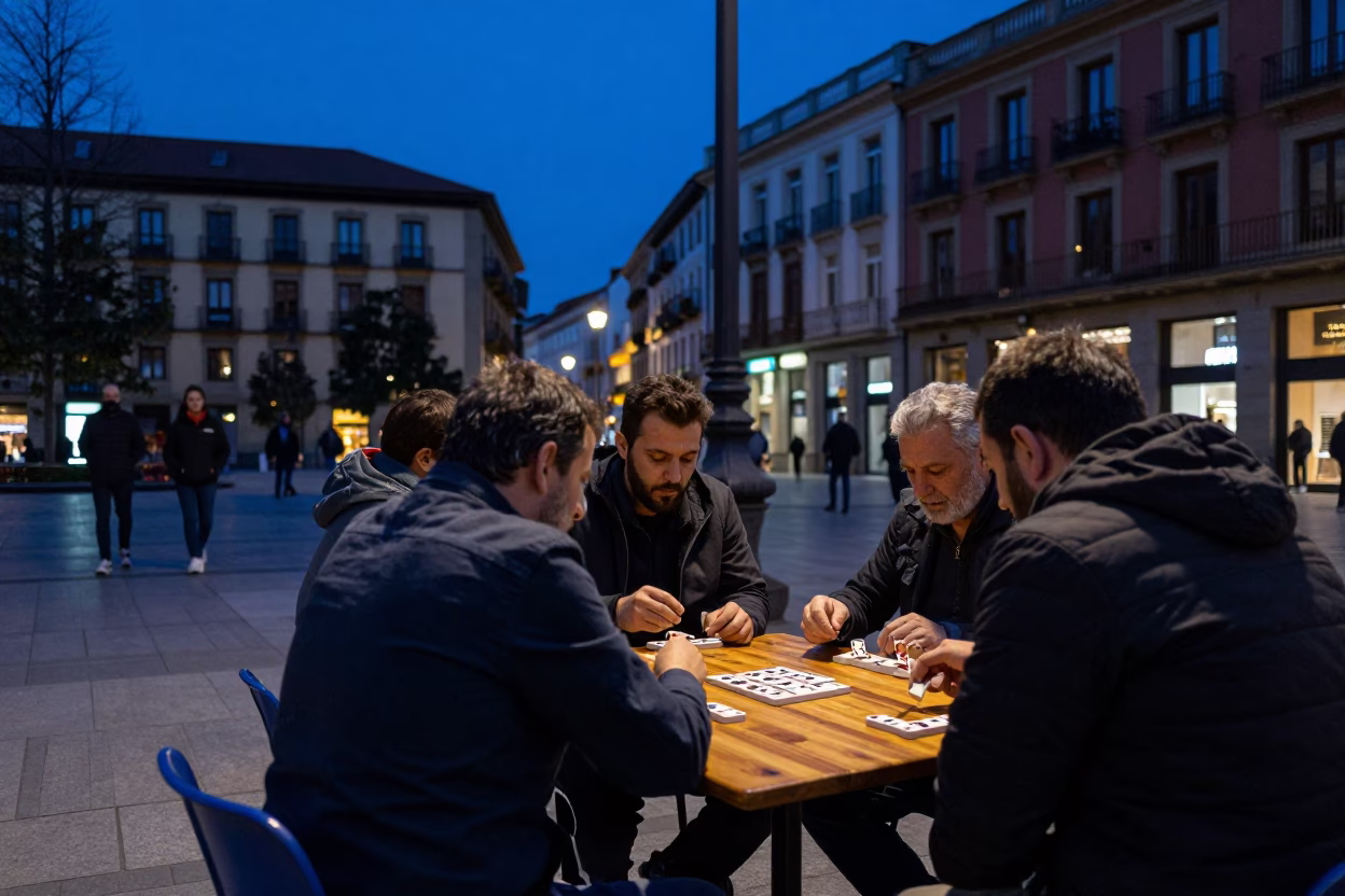Evening street scene in Bilbao Spain with people playing dominoes on a bench in in Bilbao, Spain