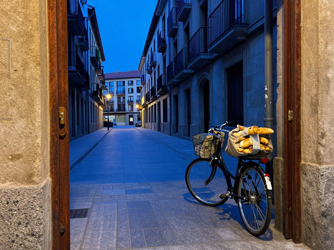 Evening Street Scene in Bilbao Spain with Rusty Doorframe and Bicycle in in Bilbao, Spain