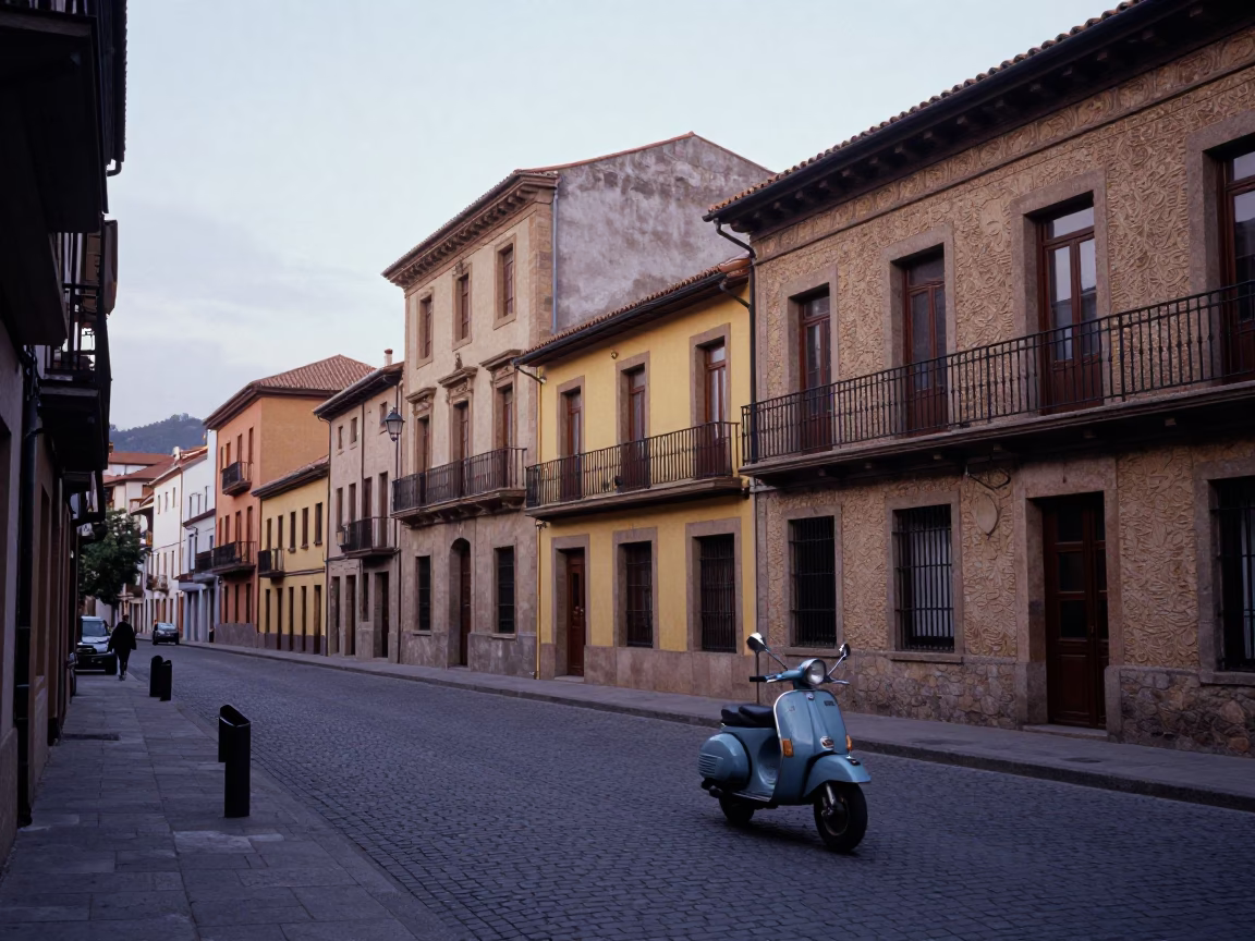 Evening Street Scene in Bilbao Spain with Scooter and Traditional Architecture in in Bilbao, Spain
