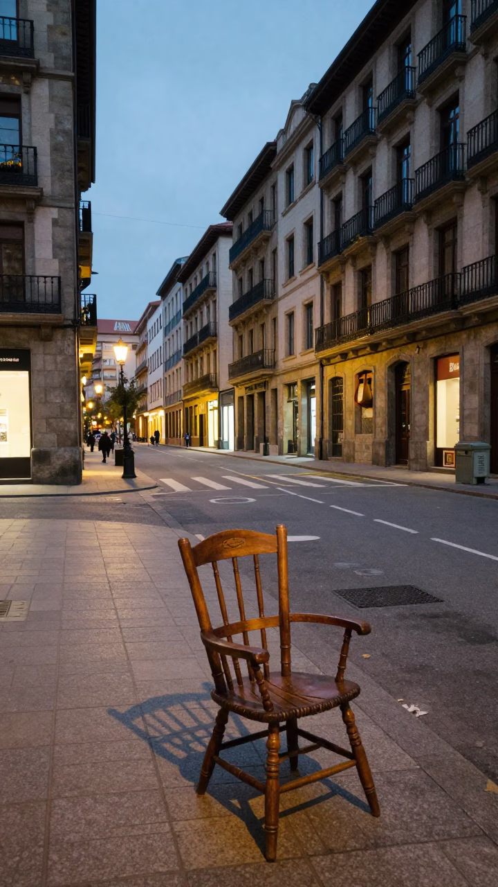 Evening Street Scene in Bilbao Spain with Spindle Chair and Local Interaction in in Bilbao, Spain