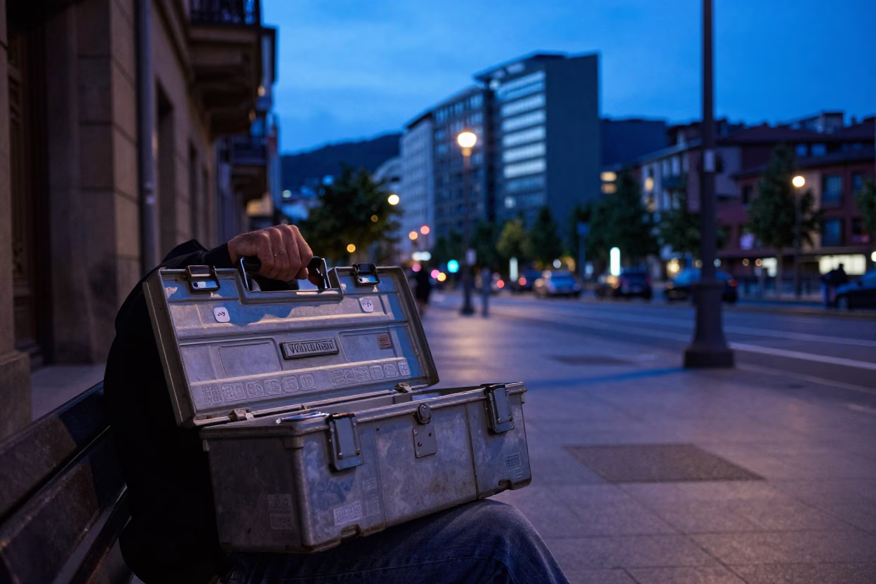 Evening Street Scene in Bilbao Spain with Toolbox and Local Architecture in in Bilbao, Spain