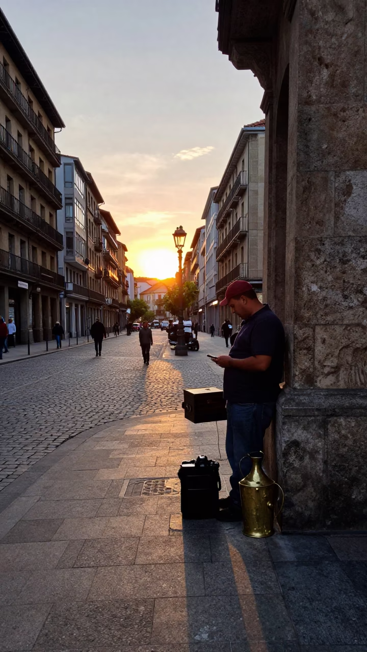 Evening Street Scene in Bilbao Spain with Traditional Hatbox and Brass Cup in in Bilbao, Spain