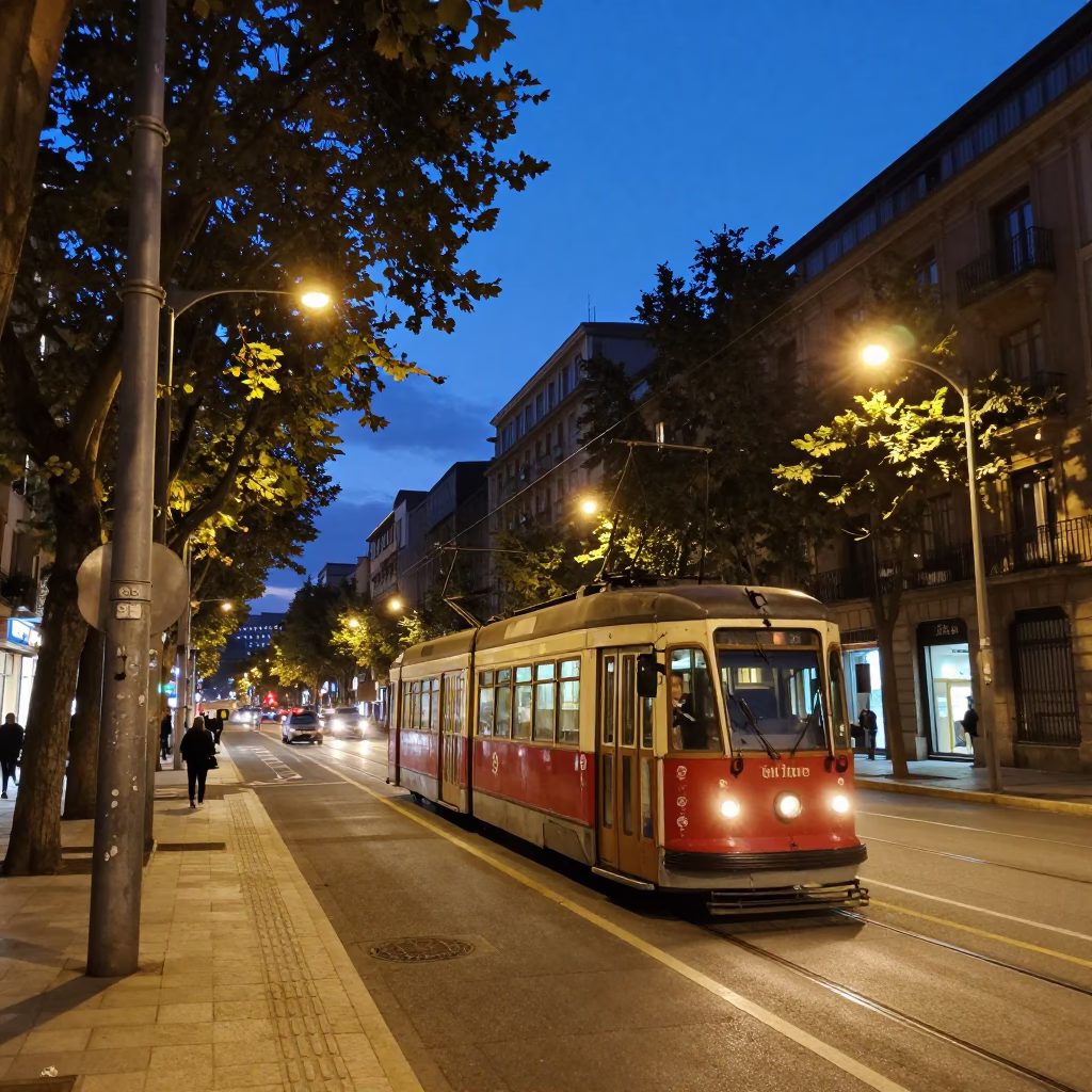 Evening Street Scene in Bilbao Spain with Tramcar and City Lights in in Bilbao, Spain