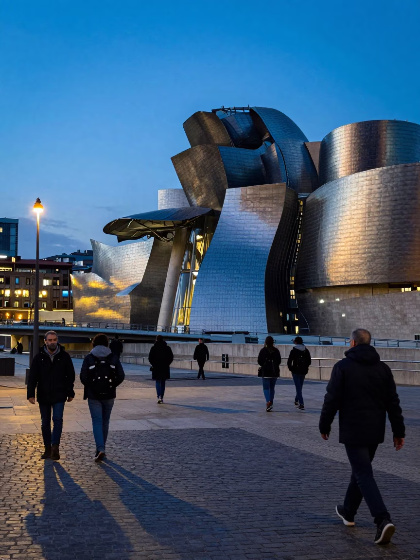 Evening Street Scene in Bilbao Spain with Travelers and Urban Architecture in in Bilbao, Spain