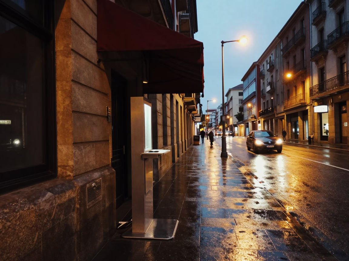 Evening Street Scene in Bilbao Spain with Valet Stand and Headlight Reflections in in Bilbao, Spain