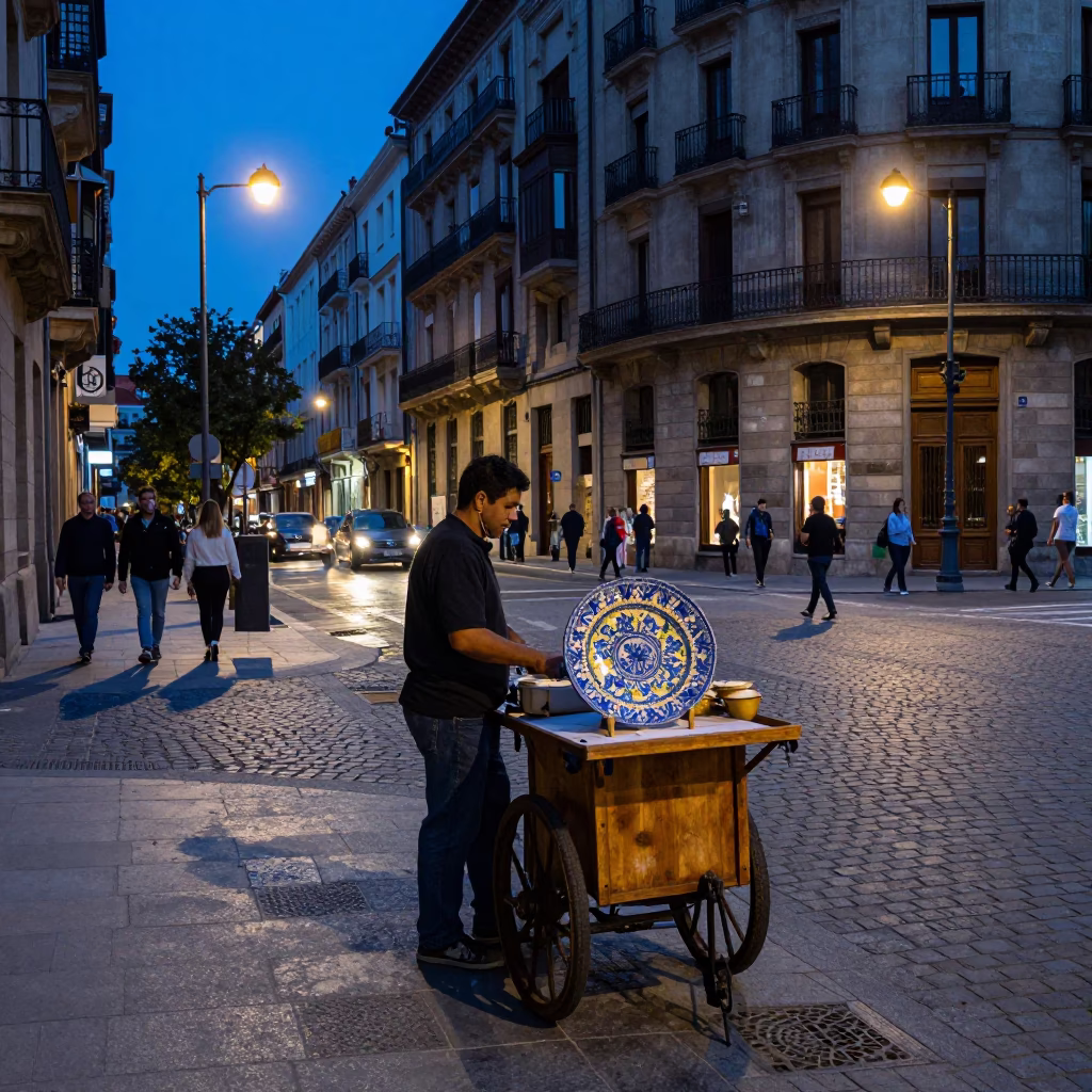 Evening Street Scene in Bilbao Spain with Vintage Majolica Plate and Blue Hour Light in in Bilbao, Spain