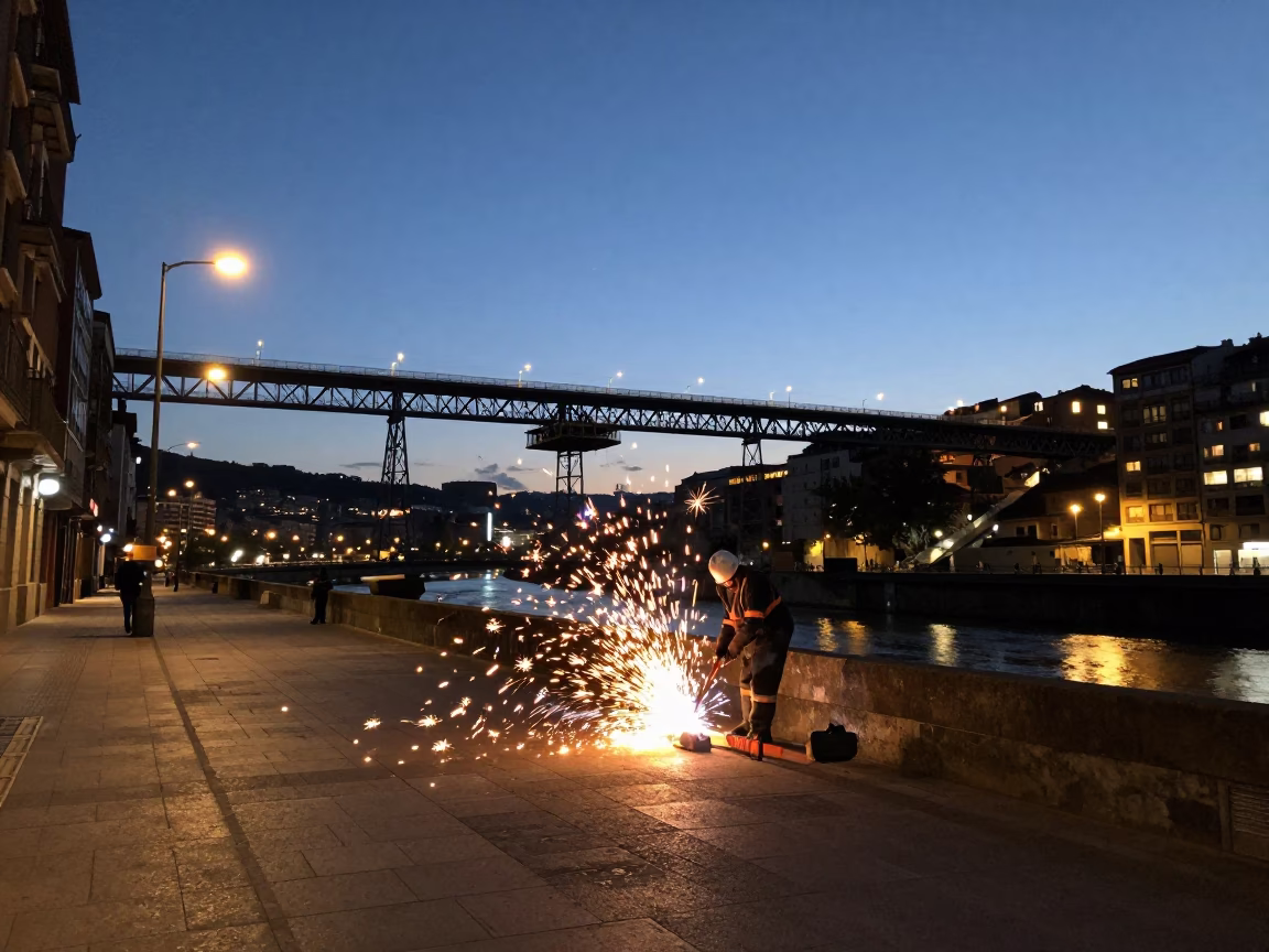 Evening Street Scene in Bilbao Spain with Welding Sparks Under Bridge Construction in in Bilbao, Spain