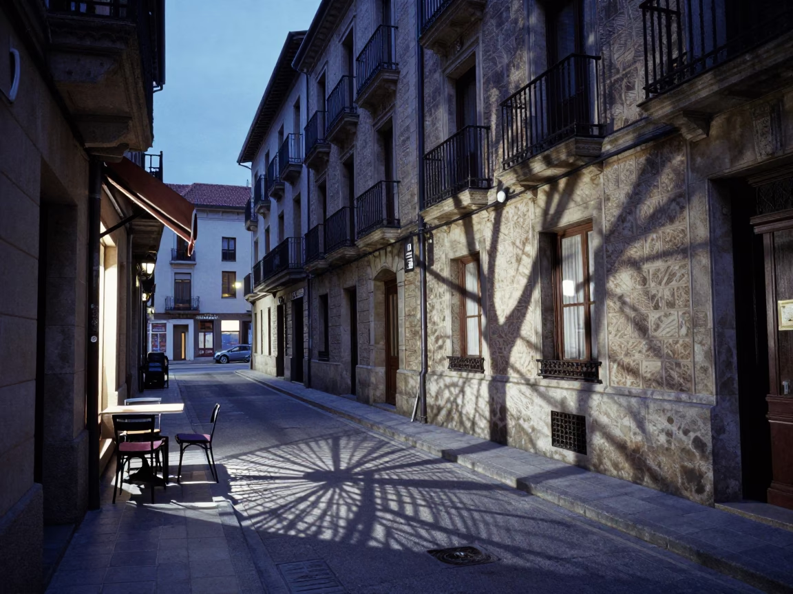 Evening Street Scene in Bilbao Spain with Wicker Shadow and Steel Saucer in in Bilbao, Spain