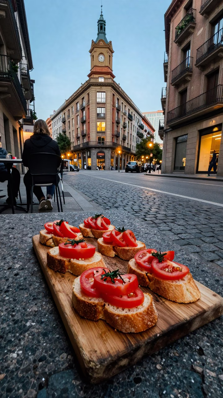 Evening Street Scene in Bilbao Spain with Wooden Bruschetta Board and Condensation in in Bilbao, Spain