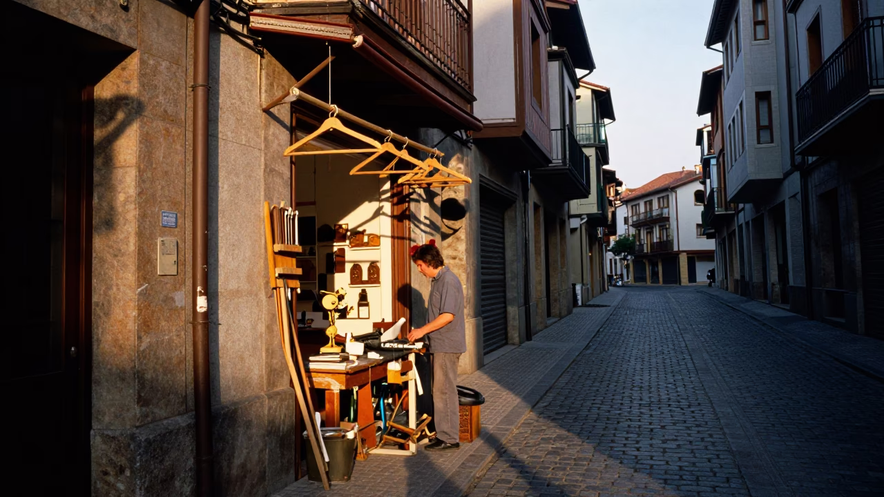 Evening Street Scene in Bilbao Spain with Wooden Hanger and Tool Aprons in in Bilbao, Spain