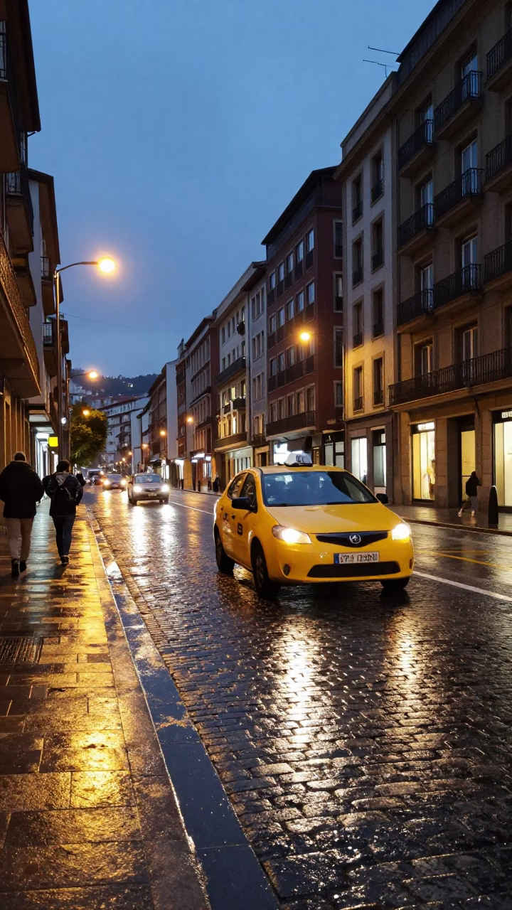 Evening Street Scene in Bilbao Spain with Yellow Taxi and Cobblestone in in Bilbao, Spain