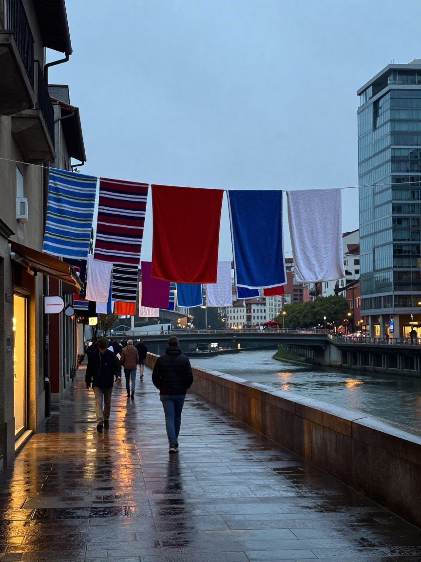 Evening Street Scene in Bilbao with Hanging Towels and River Light Reflections in in Bilbao, Spain
