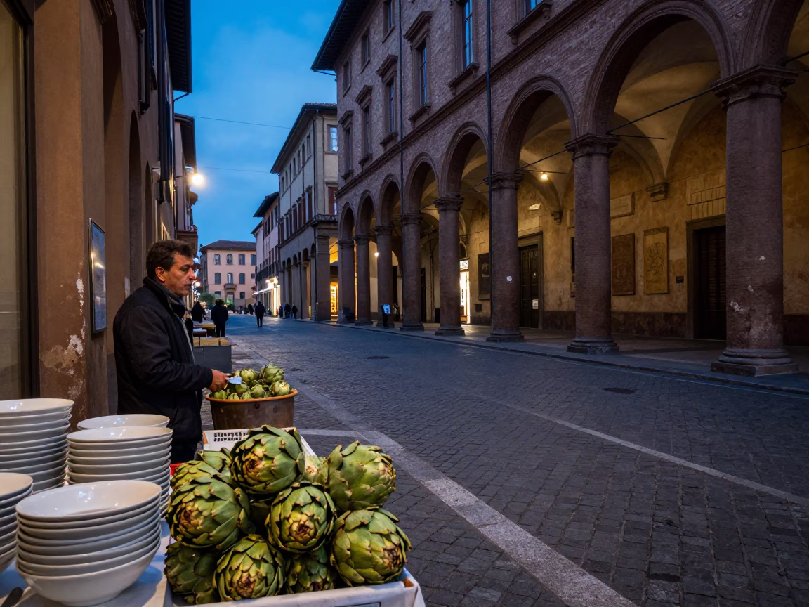 Evening Street Scene in Bologna Italy with Artichokes and Soup Bowls in in Bologna, Italy