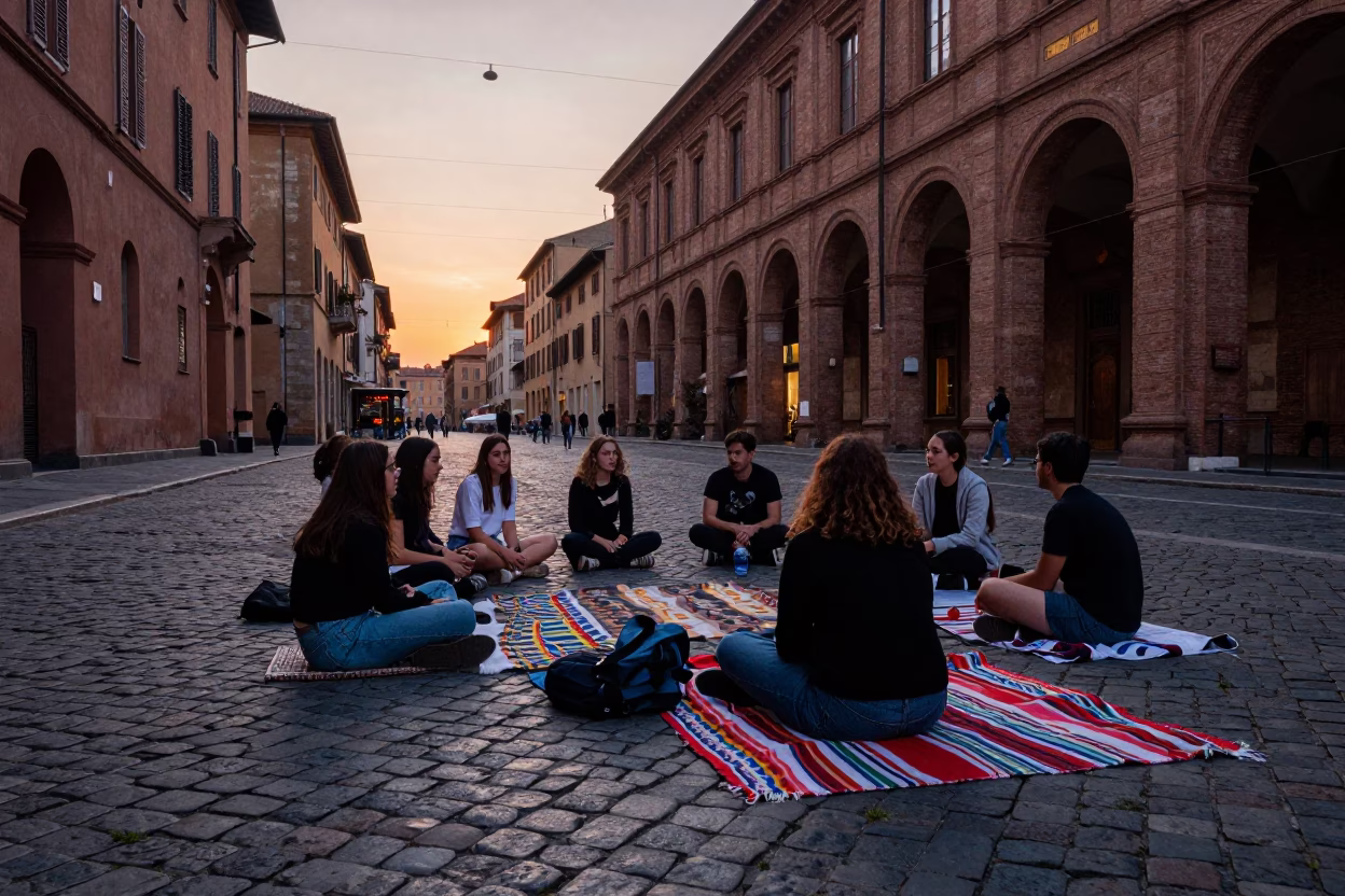 Evening Street Scene in Bologna Italy with Blankets and Local Architecture in in Bologna, Italy