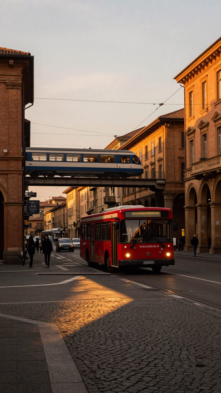 Evening street scene in Bologna Italy with classic bus and railway viaduct in in Bologna, Italy