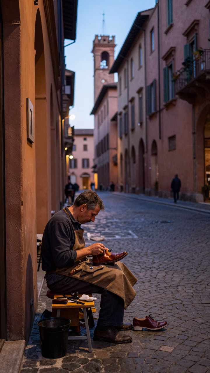 Evening street scene in Bologna Italy with cobbler repairing shoes and grapes in in Bologna, Italy