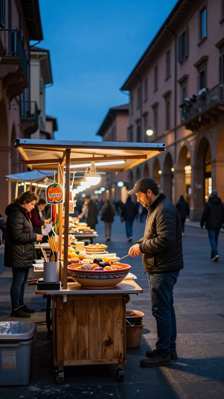Evening Street Scene in Bologna Italy with Colorful Food Stalls and Historic Architecture in in Bologna, Italy