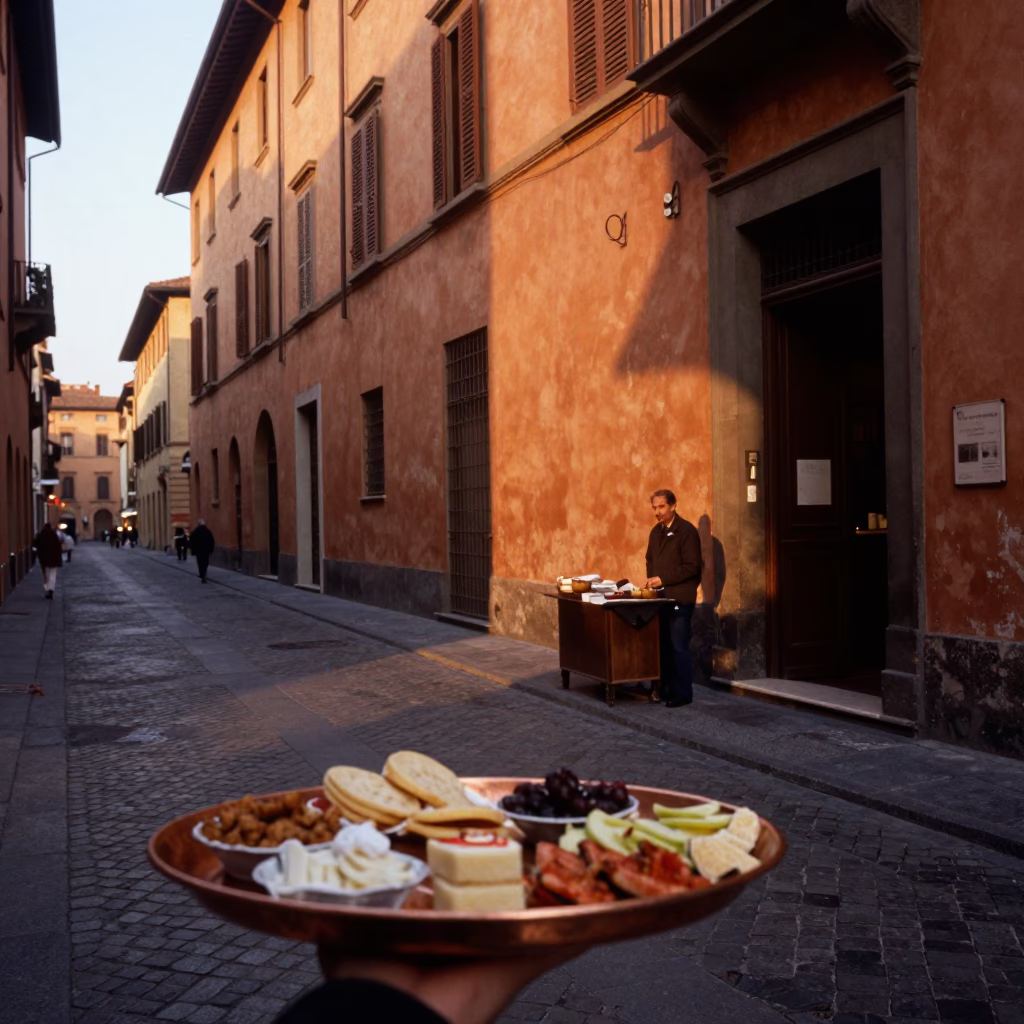 Evening Street Scene in Bologna Italy with Copper Tray and Mezze Spread in in Bologna, Italy