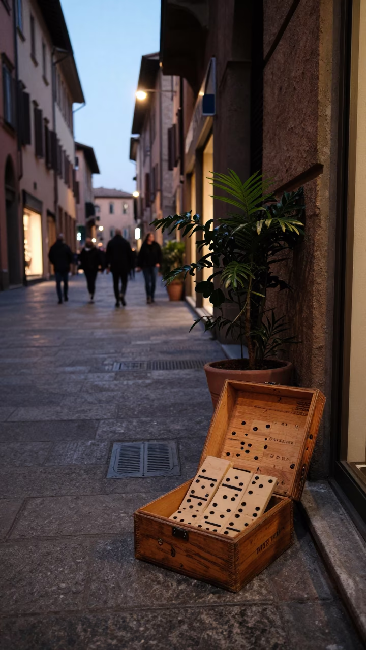 Evening Street Scene in Bologna Italy with Domino Box and Plant Pot in in Bologna, Italy