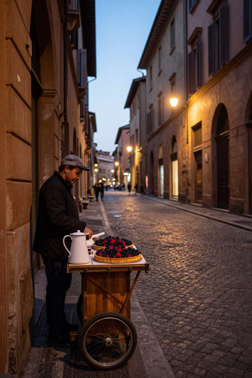 Evening Street Scene in Bologna Italy with Enamel Pitcher and Berry Tart in in Bologna, Italy