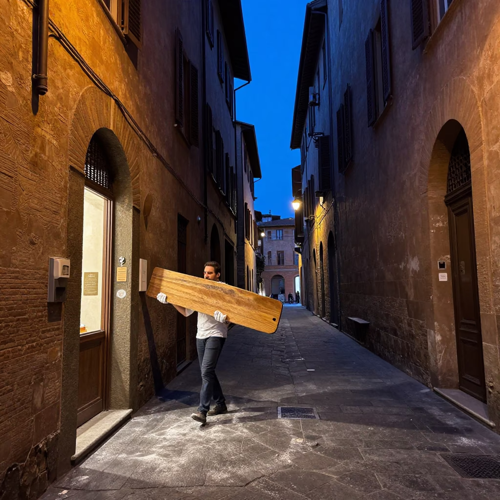 Evening street scene in Bologna Italy with flour dust on dark stone walls in in Bologna, Italy