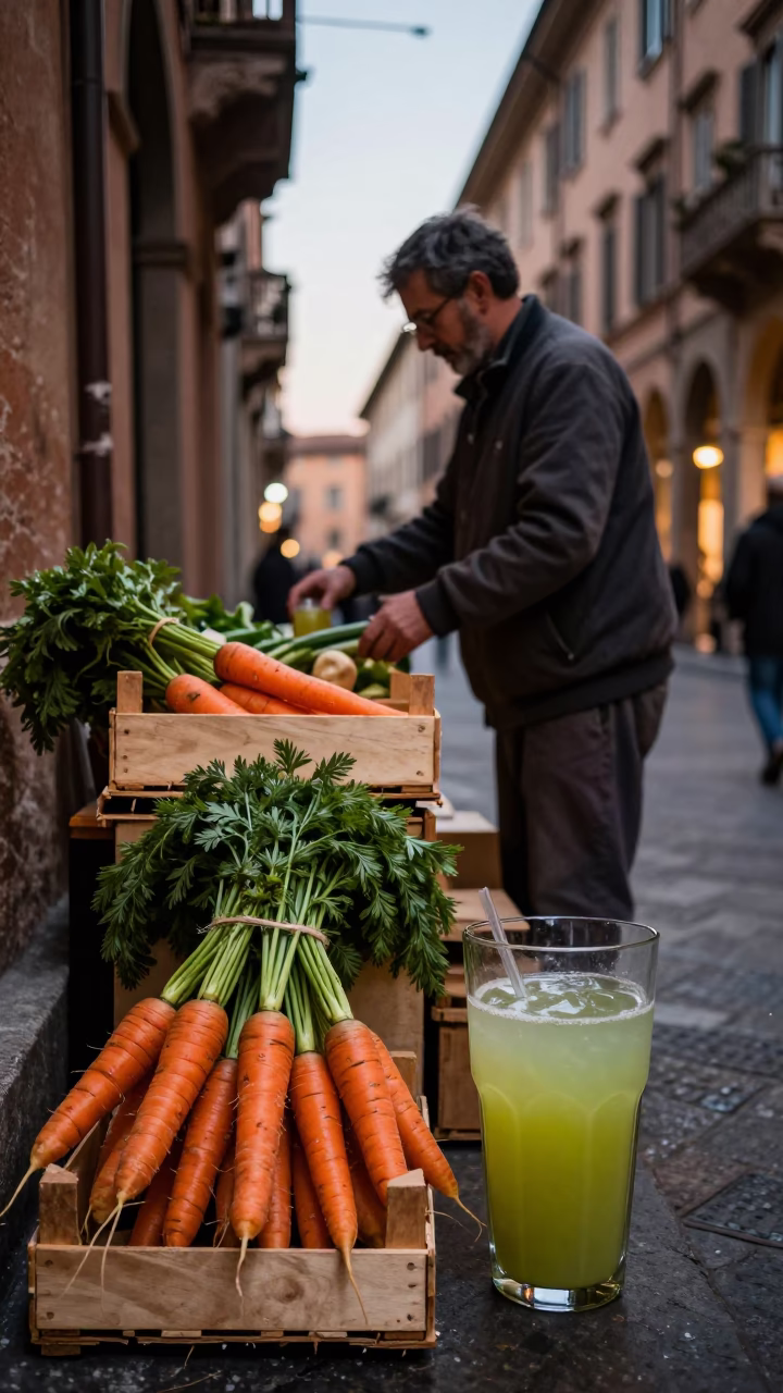 Evening street scene in Bologna Italy with fresh carrots and glass of sugarcane juice in in Bologna, Italy